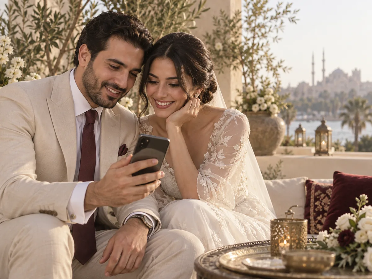 عروسان يشاهدان دعوتهما الرقمية معًا على الموبايل